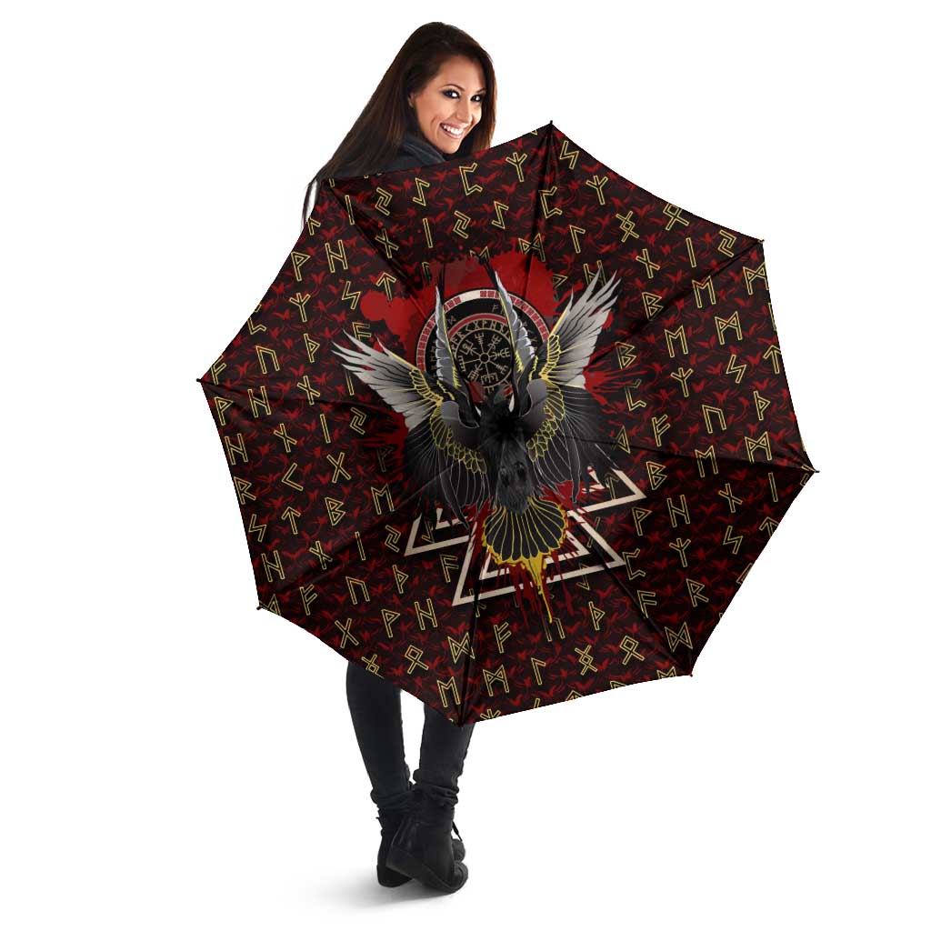 Raven and Bear Norse Symbolism Umbrella Viking Blood Red Rune Art Style