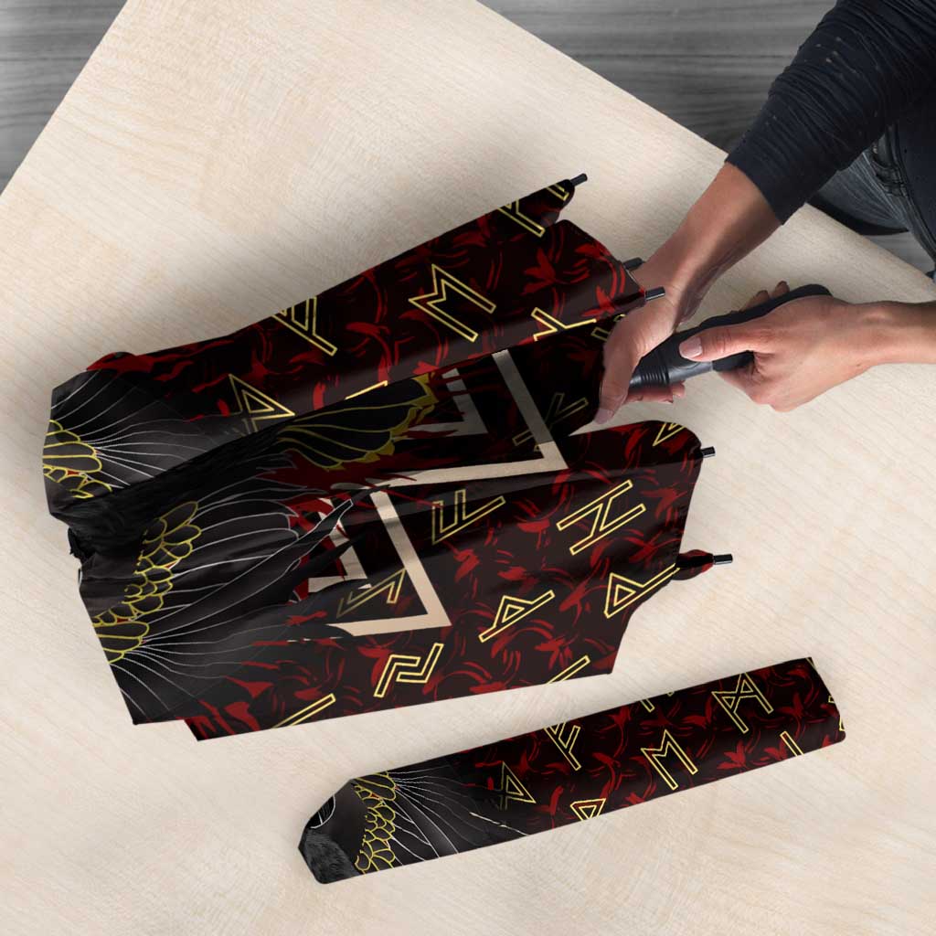 Raven and Bear Norse Symbolism Umbrella Viking Blood Red Rune Art Style