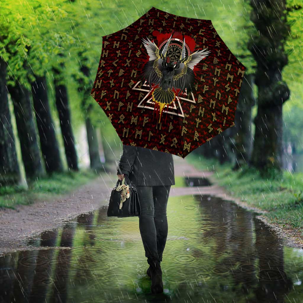 Raven and Bear Norse Symbolism Umbrella Viking Blood Red Rune Art Style