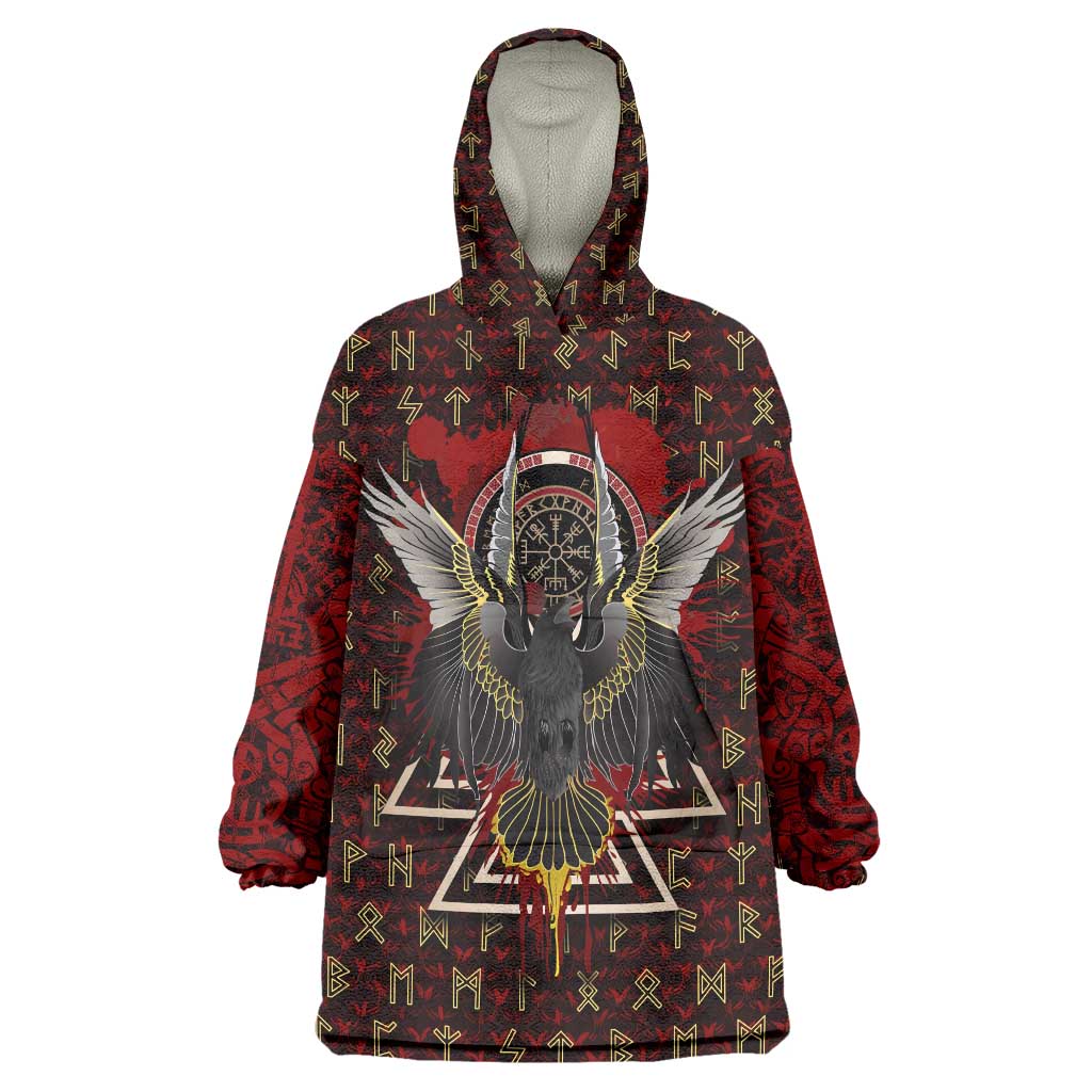 Raven and Bear Norse Symbolism Wearable Blanket Hoodie Viking Blood Red Rune Art Style