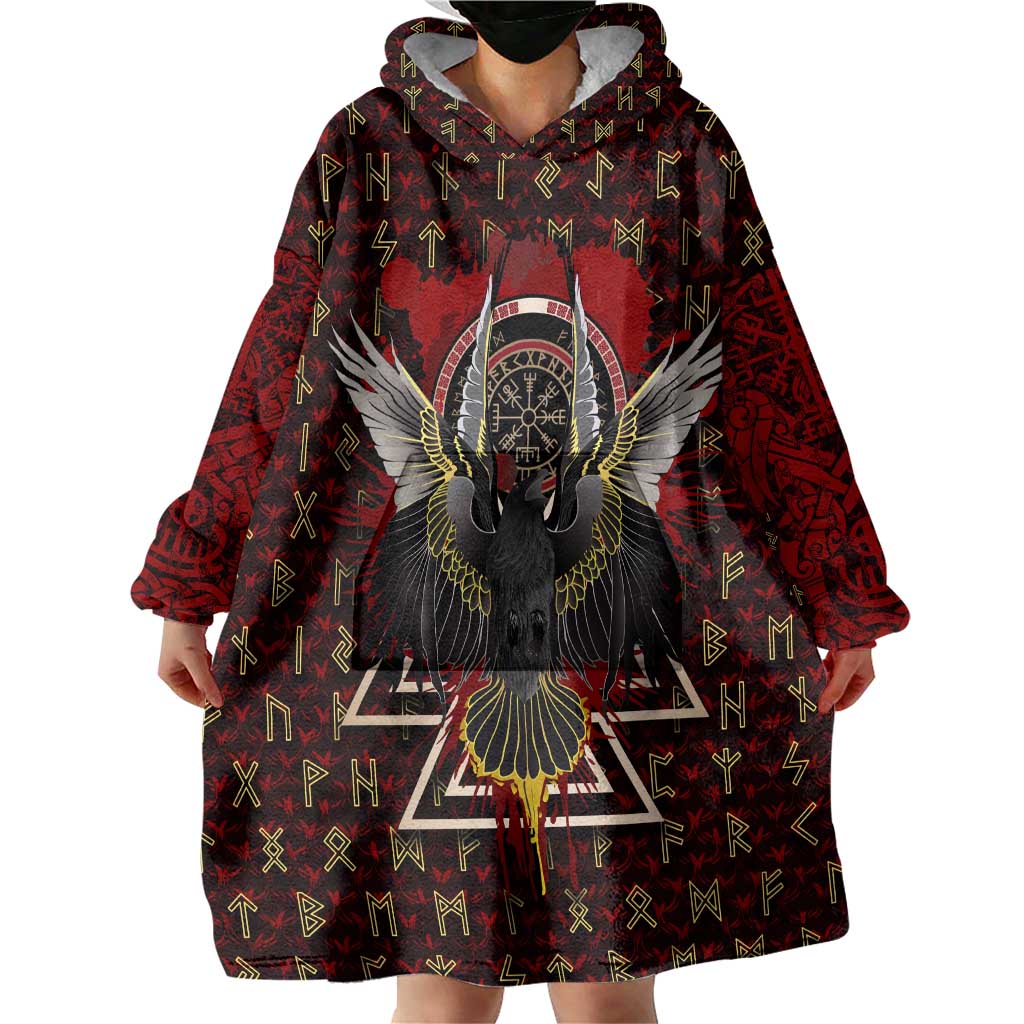 Raven and Bear Norse Symbolism Wearable Blanket Hoodie Viking Blood Red Rune Art Style