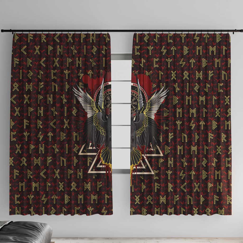 Raven and Bear Norse Symbolism Window Curtain Viking Blood Red Rune Art Style