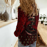 Raven and Bear Norse Symbolism Women Casual Shirt Viking Blood Red Rune Art Style