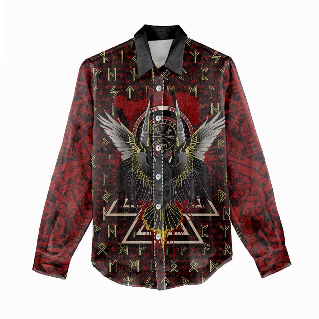 Raven and Bear Norse Symbolism Women Casual Shirt Viking Blood Red Rune Art Style