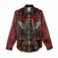 Raven and Bear Norse Symbolism Women Casual Shirt Viking Blood Red Rune Art Style