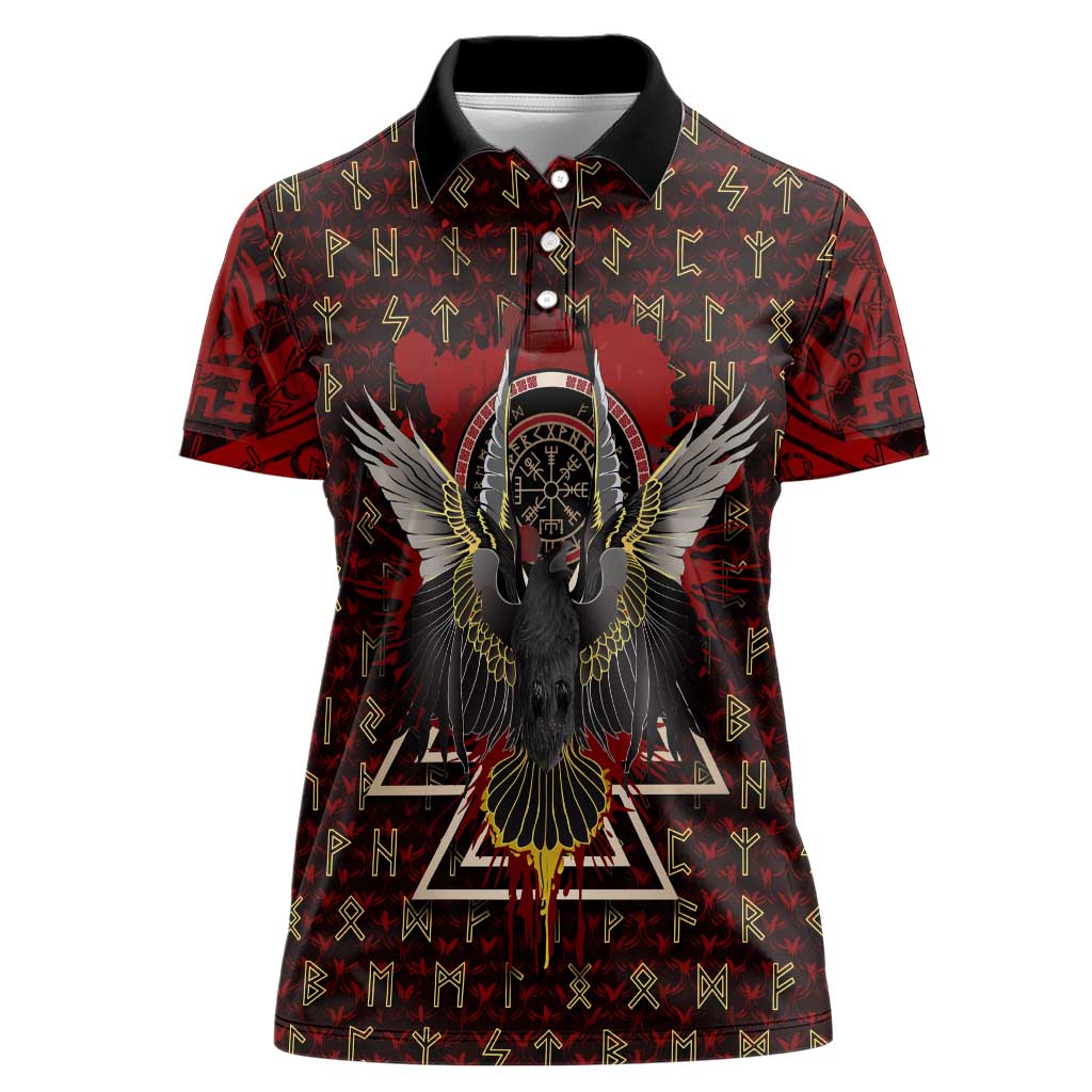 Raven and Bear Norse Symbolism Women Polo Shirt Viking Blood Red Rune Art Style