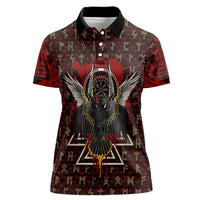 Raven and Bear Norse Symbolism Women Polo Shirt Viking Blood Red Rune Art Style