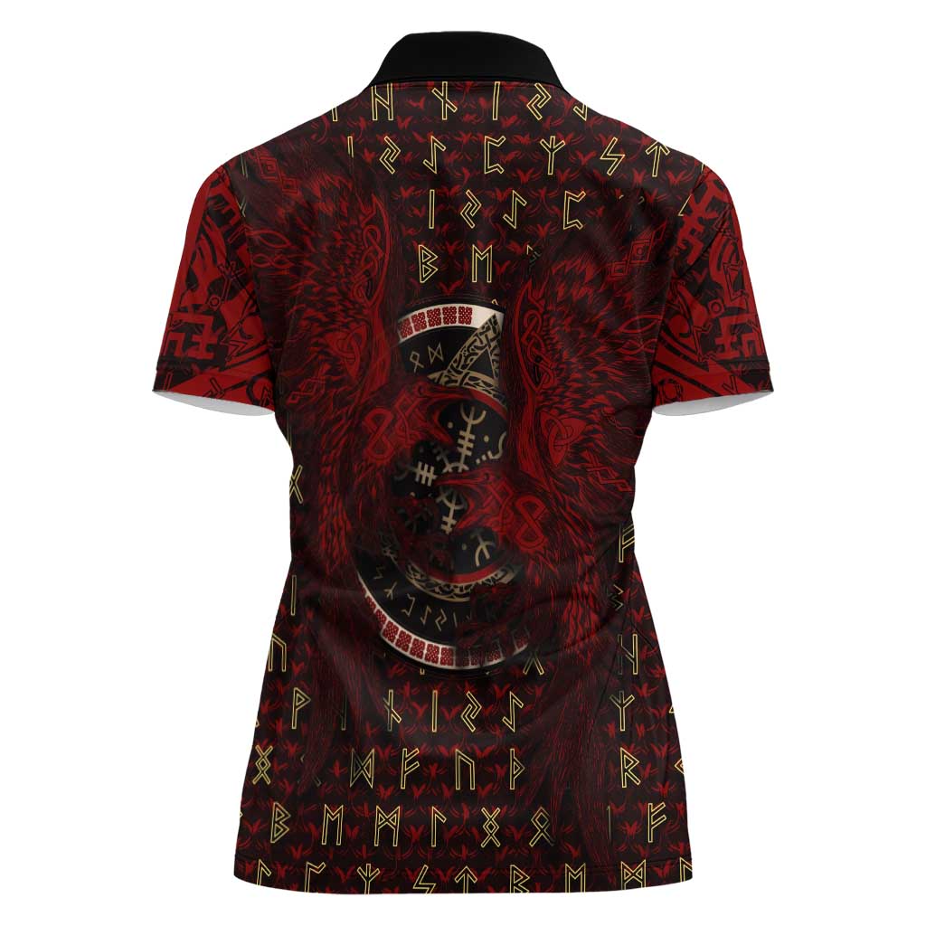 Raven and Bear Norse Symbolism Women Polo Shirt Viking Blood Red Rune Art Style