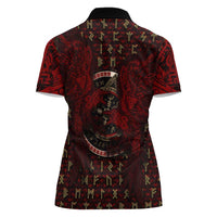 Raven and Bear Norse Symbolism Women Polo Shirt Viking Blood Red Rune Art Style