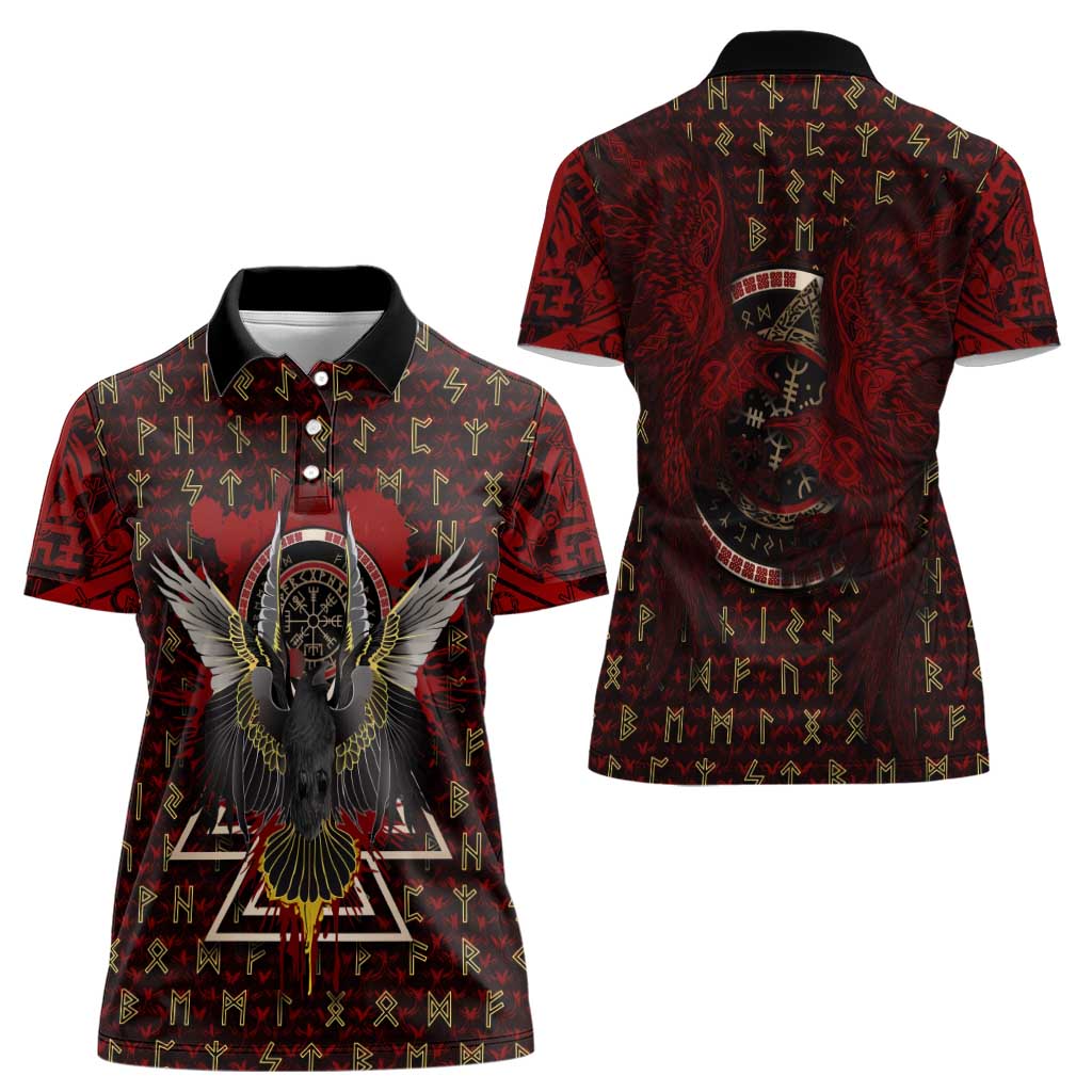 Raven and Bear Norse Symbolism Women Polo Shirt Viking Blood Red Rune Art Style