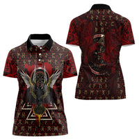 Raven and Bear Norse Symbolism Women Polo Shirt Viking Blood Red Rune Art Style