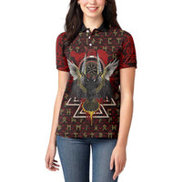 Raven and Bear Norse Symbolism Women Polo Shirt Viking Blood Red Rune Art Style