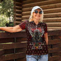 Raven and Bear Norse Symbolism Women Polo Shirt Viking Blood Red Rune Art Style