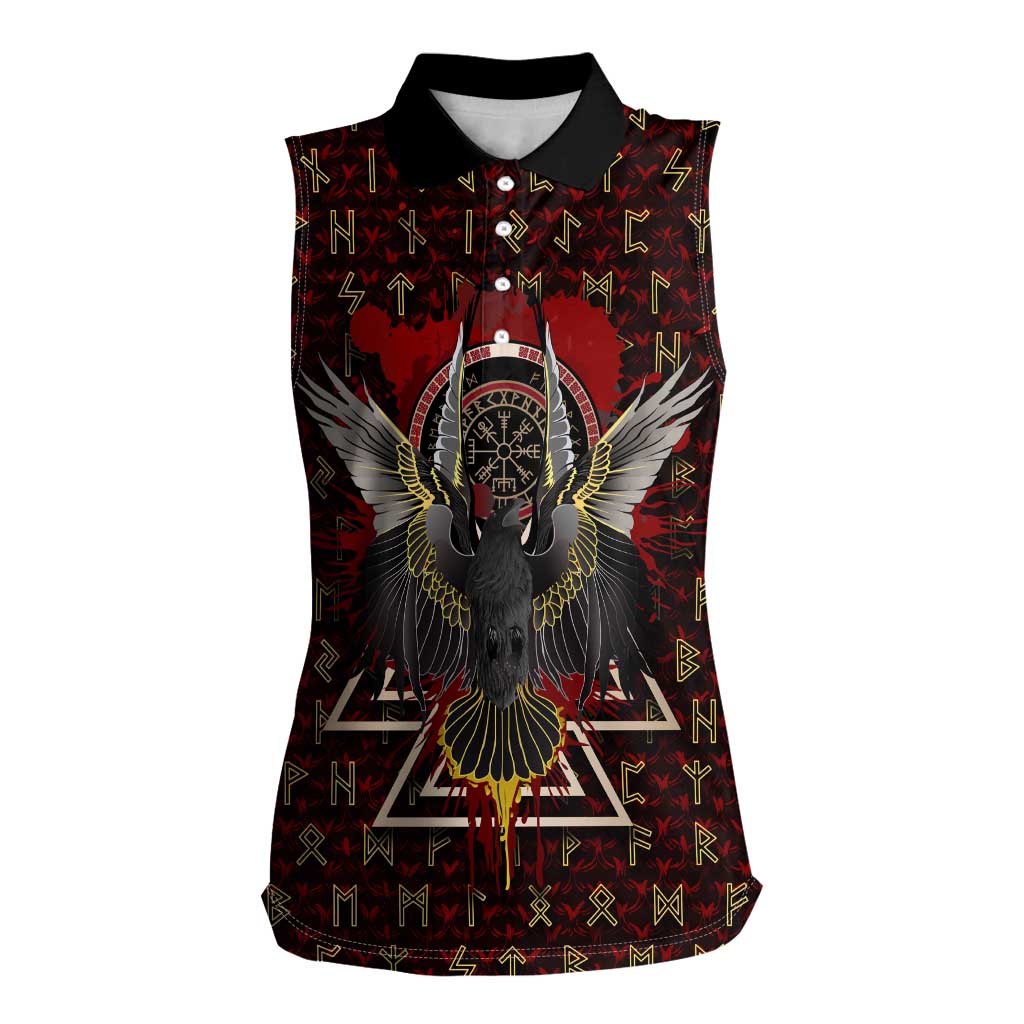 Raven and Bear Norse Symbolism Women Sleeveless Polo Shirt Viking Blood Red Rune Art Style