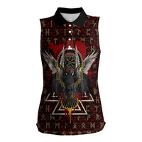 Raven and Bear Norse Symbolism Women Sleeveless Polo Shirt Viking Blood Red Rune Art Style