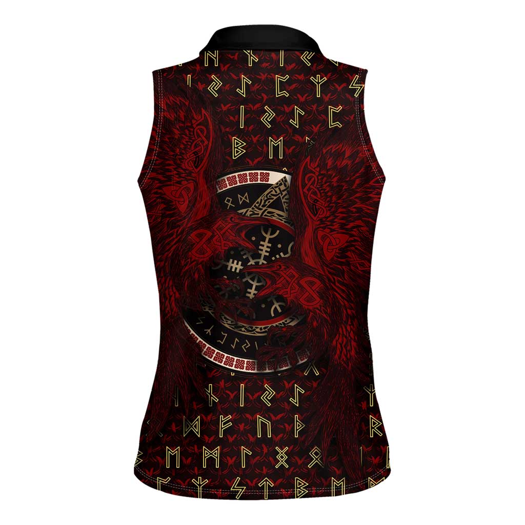 Raven and Bear Norse Symbolism Women Sleeveless Polo Shirt Viking Blood Red Rune Art Style