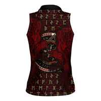 Raven and Bear Norse Symbolism Women Sleeveless Polo Shirt Viking Blood Red Rune Art Style