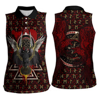 Raven and Bear Norse Symbolism Women Sleeveless Polo Shirt Viking Blood Red Rune Art Style