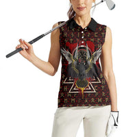 Raven and Bear Norse Symbolism Women Sleeveless Polo Shirt Viking Blood Red Rune Art Style