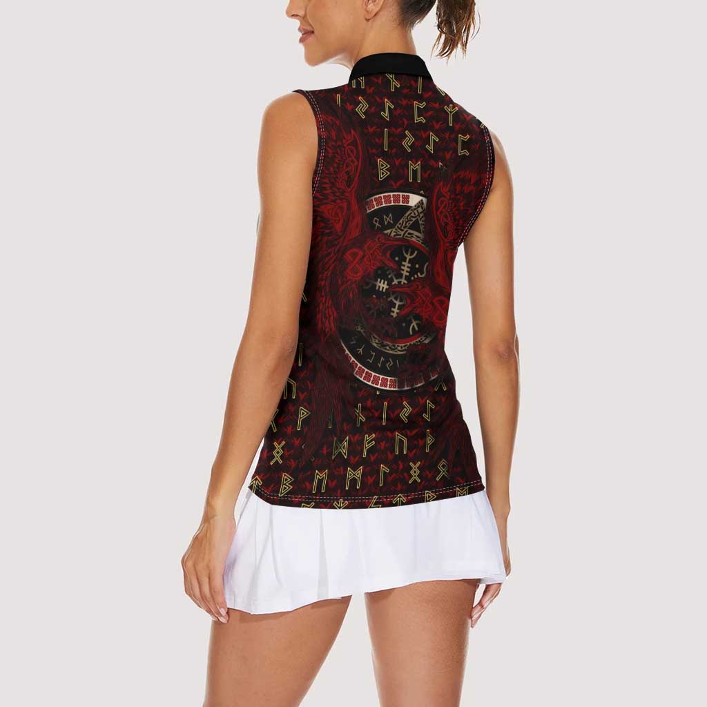 Raven and Bear Norse Symbolism Women Sleeveless Polo Shirt Viking Blood Red Rune Art Style