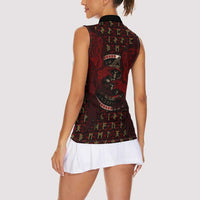 Raven and Bear Norse Symbolism Women Sleeveless Polo Shirt Viking Blood Red Rune Art Style