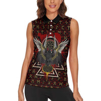 Raven and Bear Norse Symbolism Women Sleeveless Polo Shirt Viking Blood Red Rune Art Style