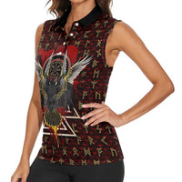 Raven and Bear Norse Symbolism Women Sleeveless Polo Shirt Viking Blood Red Rune Art Style