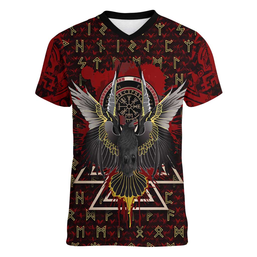 Raven and Bear Norse Symbolism Women V-Neck T-Shirt Viking Blood Red Rune Art Style