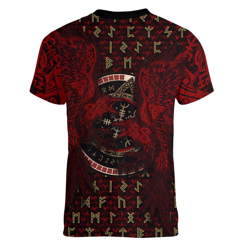 Raven and Bear Norse Symbolism Women V-Neck T-Shirt Viking Blood Red Rune Art Style