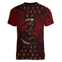 Raven and Bear Norse Symbolism Women V-Neck T-Shirt Viking Blood Red Rune Art Style