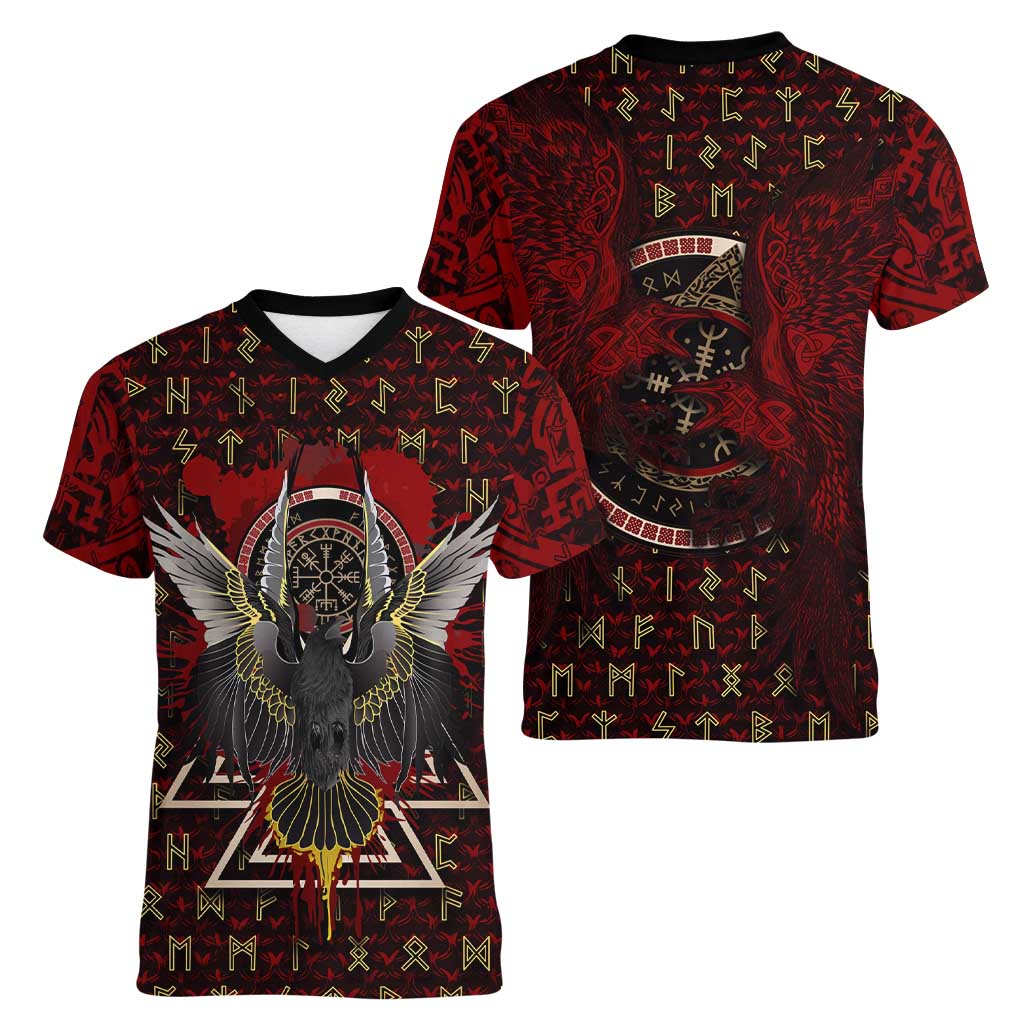 Raven and Bear Norse Symbolism Women V-Neck T-Shirt Viking Blood Red Rune Art Style