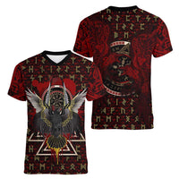 Raven and Bear Norse Symbolism Women V-Neck T-Shirt Viking Blood Red Rune Art Style