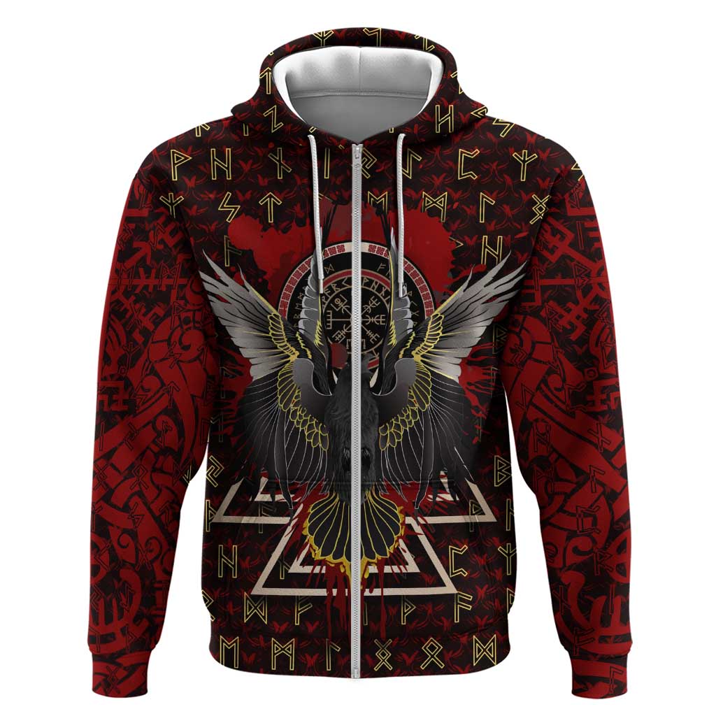 Raven and Bear Norse Symbolism Zip Hoodie Viking Blood Red Rune Art Style