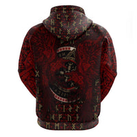 Raven and Bear Norse Symbolism Zip Hoodie Viking Blood Red Rune Art Style