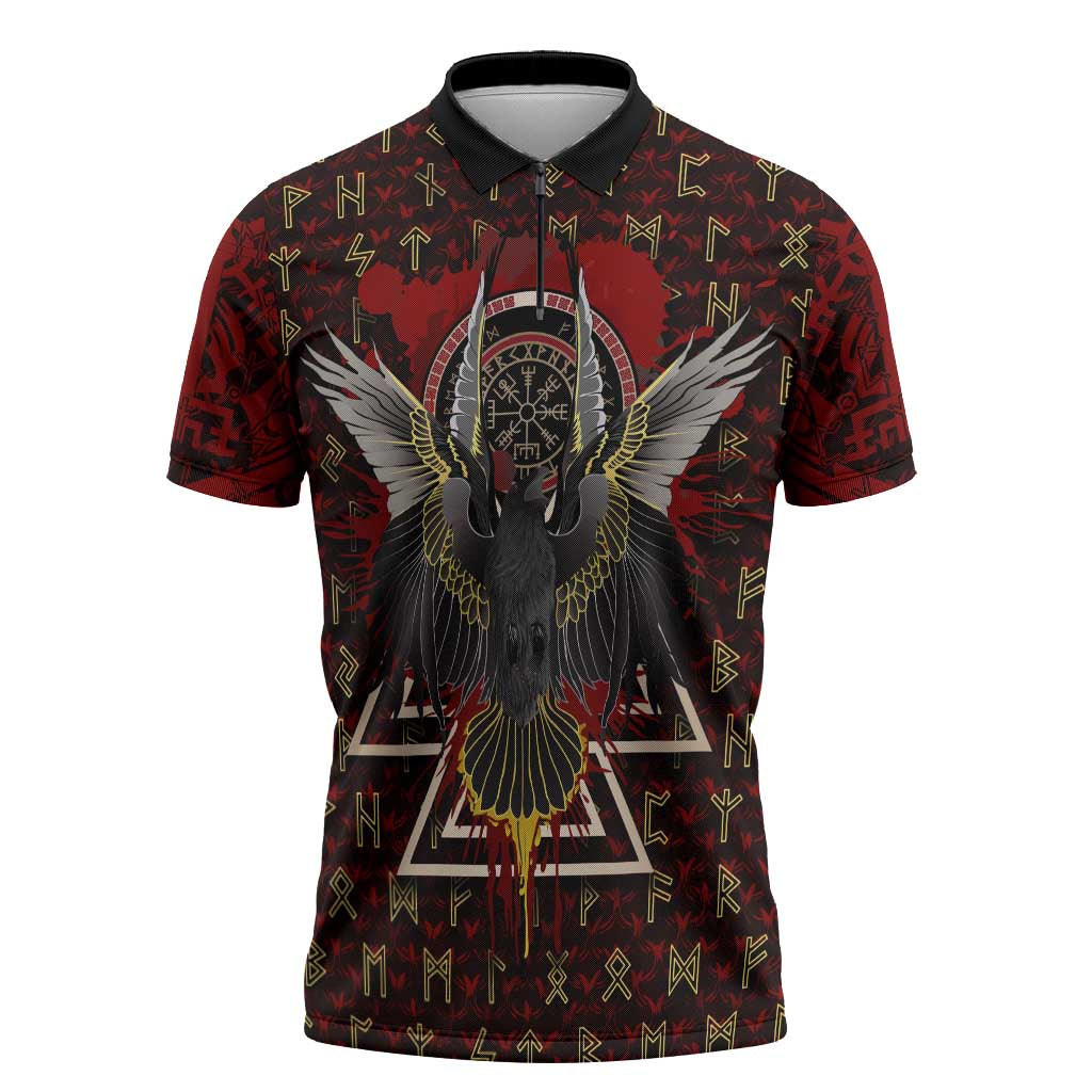 Raven and Bear Norse Symbolism Zipper Polo Shirt Viking Blood Red Rune Art Style