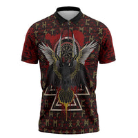 Raven and Bear Norse Symbolism Zipper Polo Shirt Viking Blood Red Rune Art Style