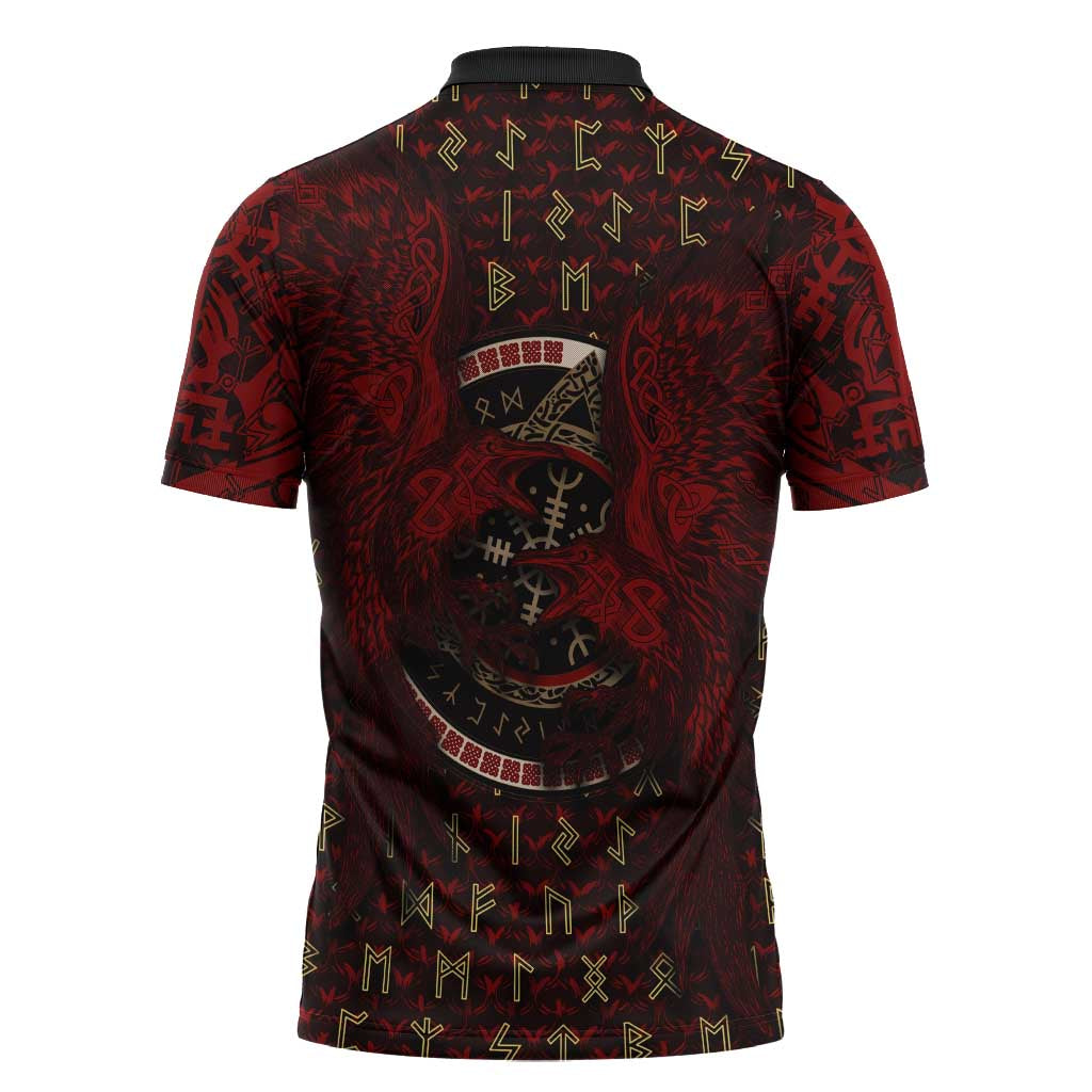 Raven and Bear Norse Symbolism Zipper Polo Shirt Viking Blood Red Rune Art Style