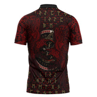 Raven and Bear Norse Symbolism Zipper Polo Shirt Viking Blood Red Rune Art Style
