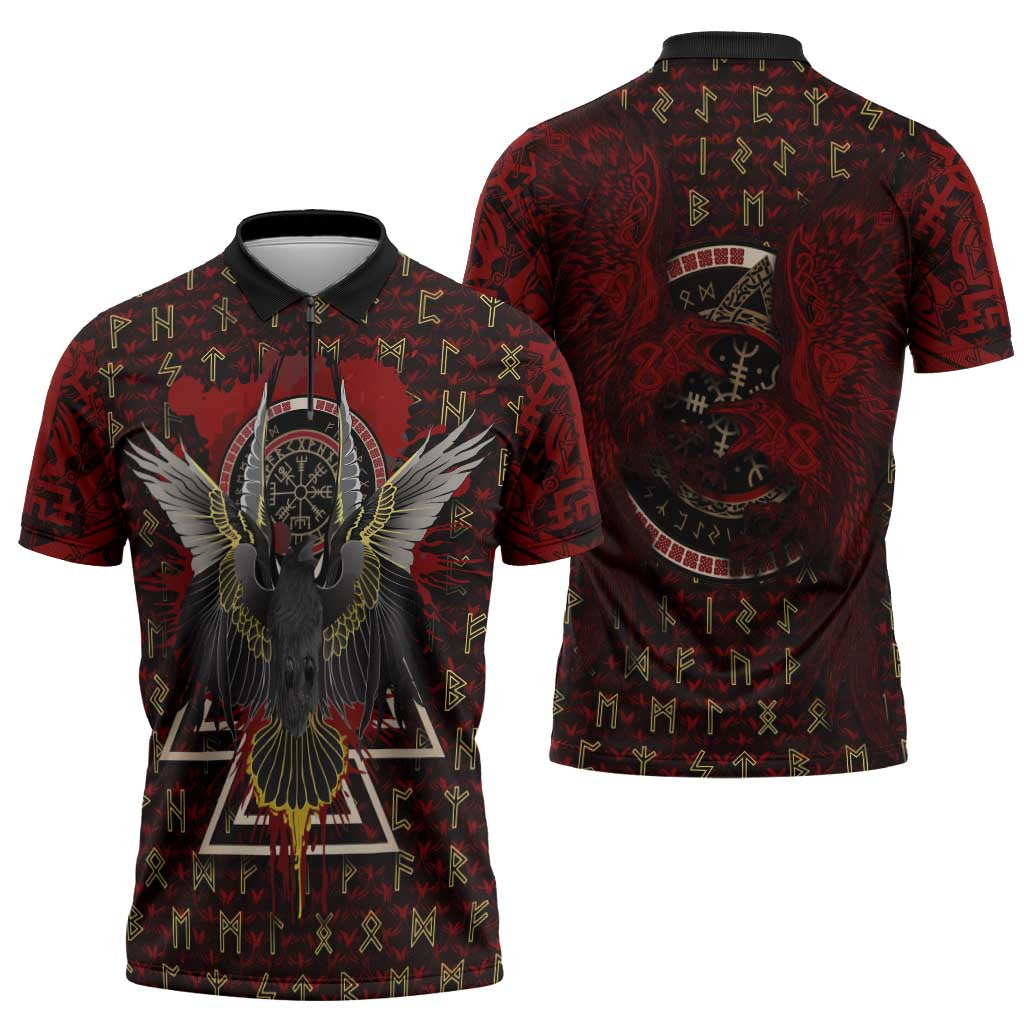 Raven and Bear Norse Symbolism Zipper Polo Shirt Viking Blood Red Rune Art Style