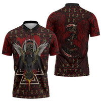 Raven and Bear Norse Symbolism Zipper Polo Shirt Viking Blood Red Rune Art Style