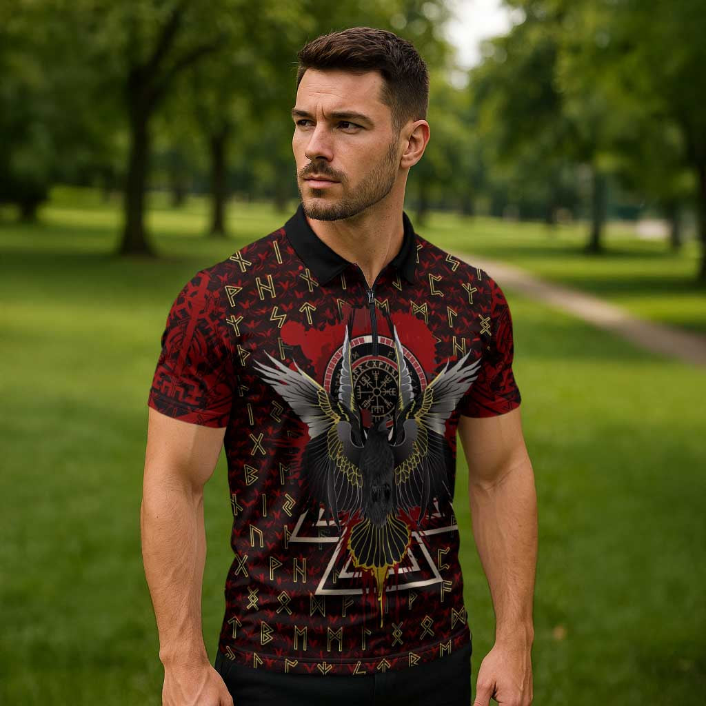 Raven and Bear Norse Symbolism Zipper Polo Shirt Viking Blood Red Rune Art Style