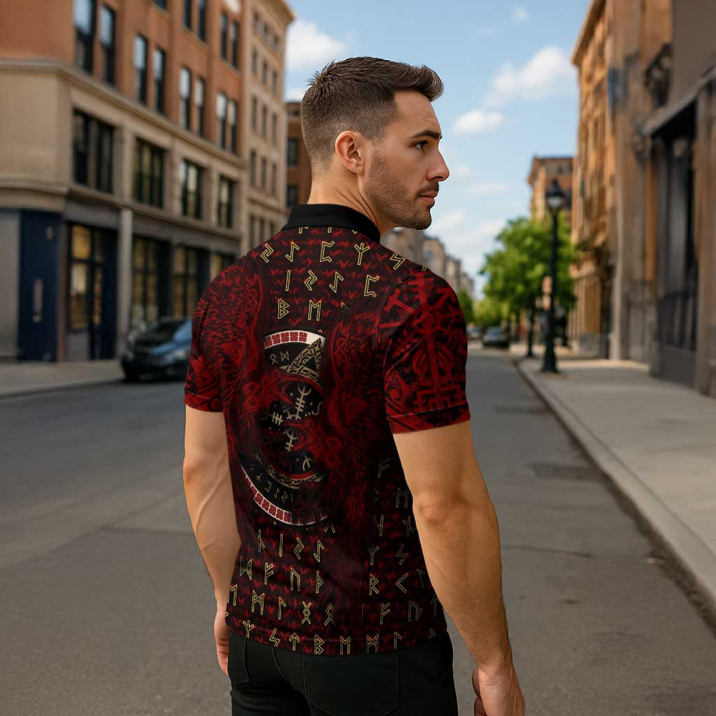 Raven and Bear Norse Symbolism Zipper Polo Shirt Viking Blood Red Rune Art Style