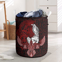 Raven and Serpent Norse Mythology Laundry Basket Red and White Viking Line Art