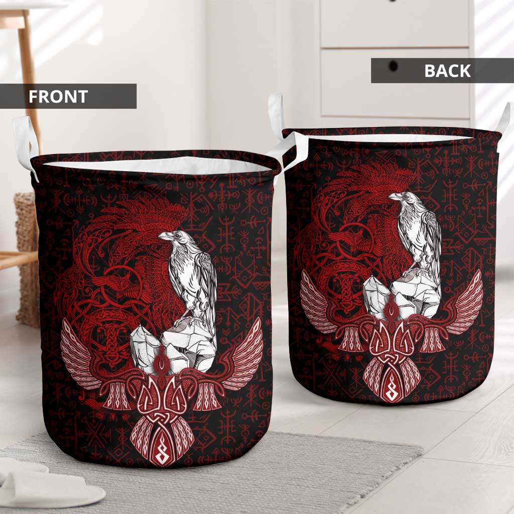 Raven and Serpent Norse Mythology Laundry Basket Red and White Viking Line Art