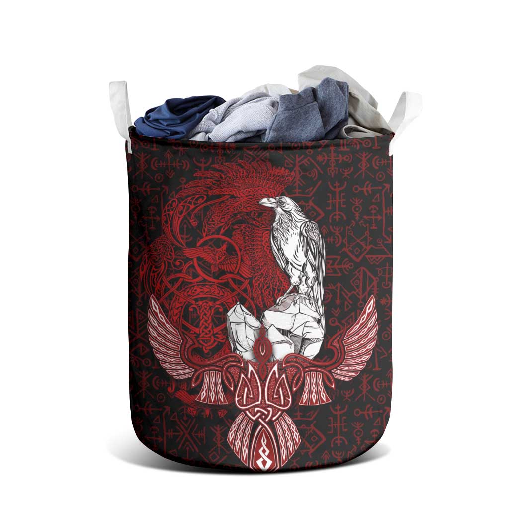 Raven and Serpent Norse Mythology Laundry Basket Red and White Viking Line Art