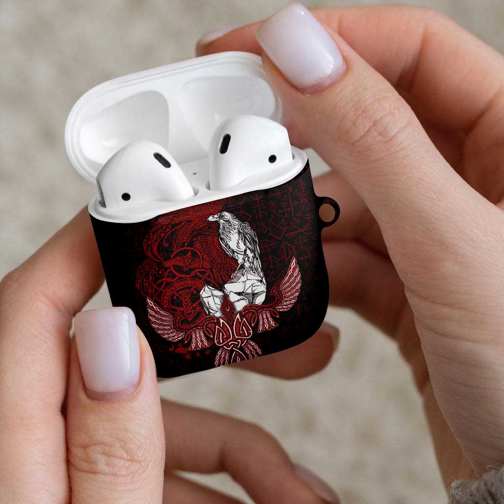Raven and Serpent Norse Mythology AirPods Case Red and White Viking Line Art