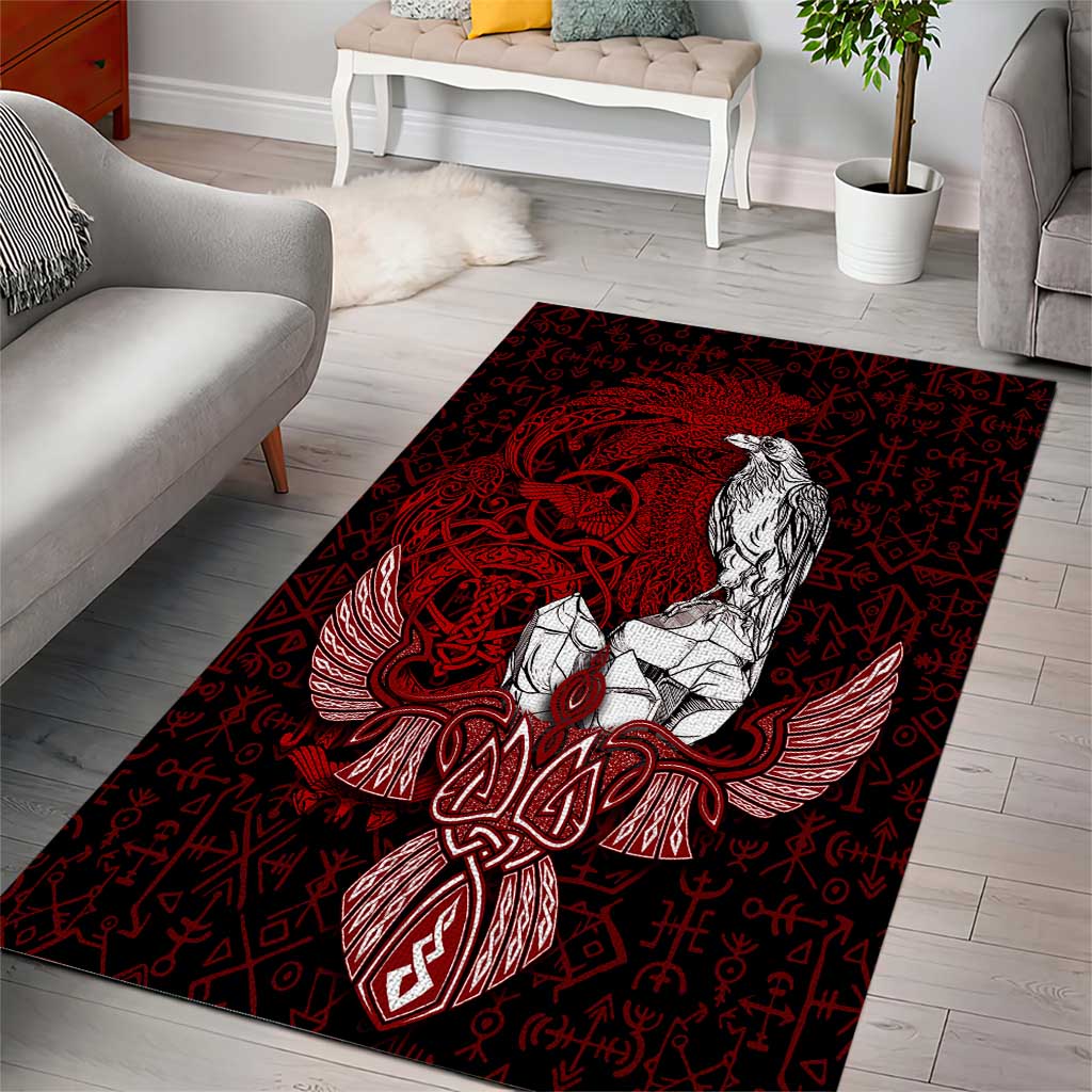 Raven and Serpent Norse Mythology Area Rug Red and White Viking Line Art