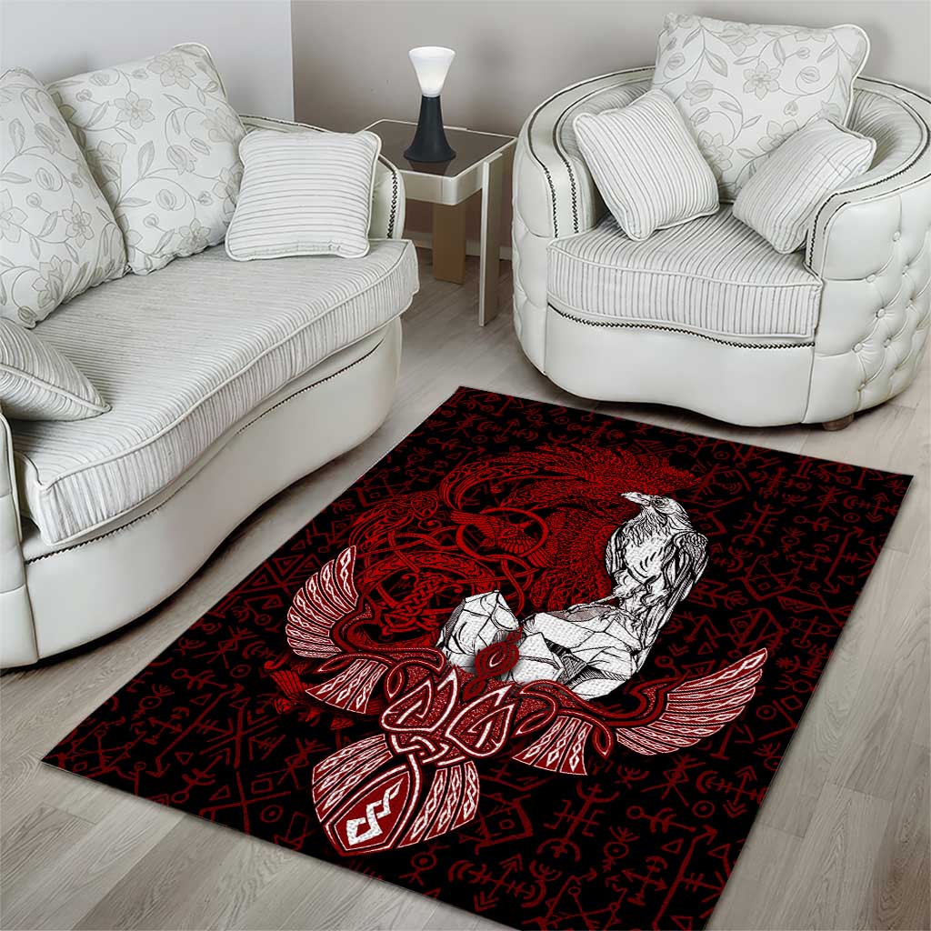 Raven and Serpent Norse Mythology Area Rug Red and White Viking Line Art