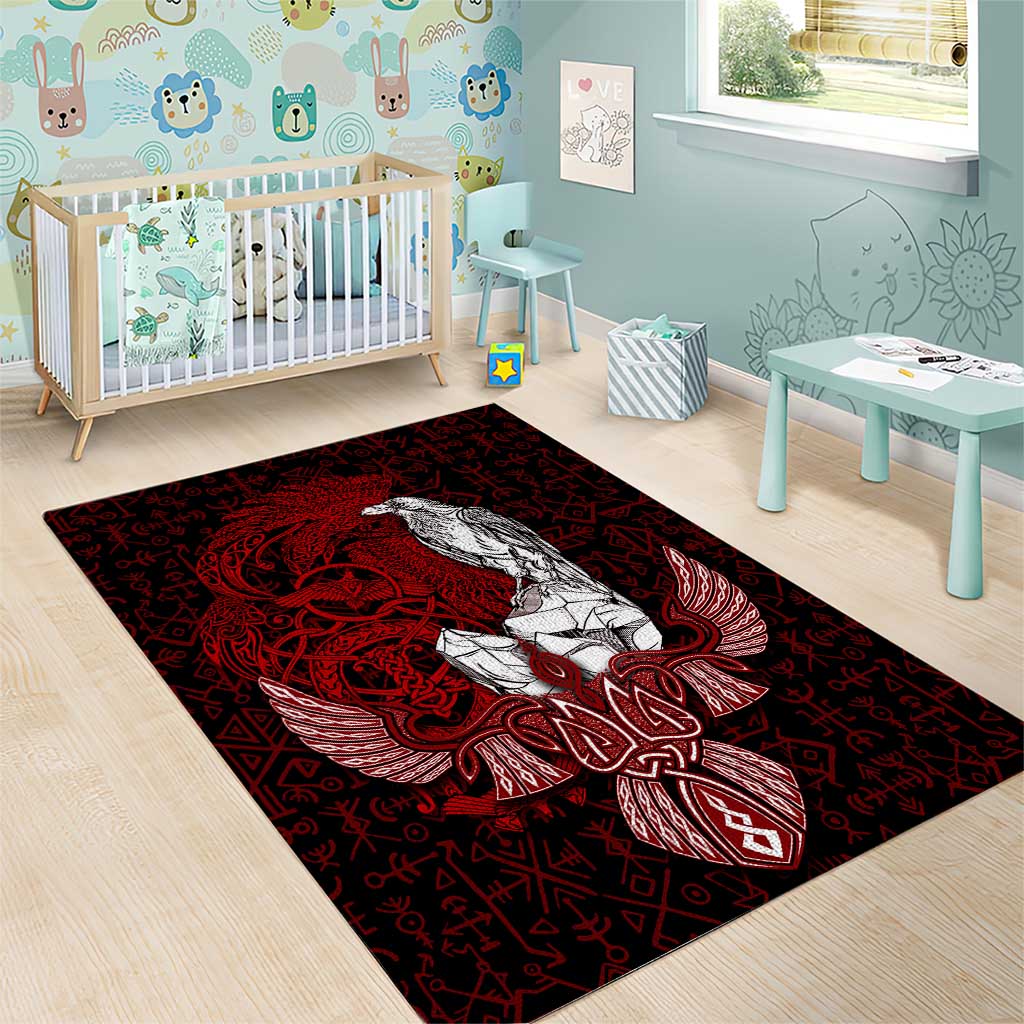 Raven and Serpent Norse Mythology Area Rug Red and White Viking Line Art