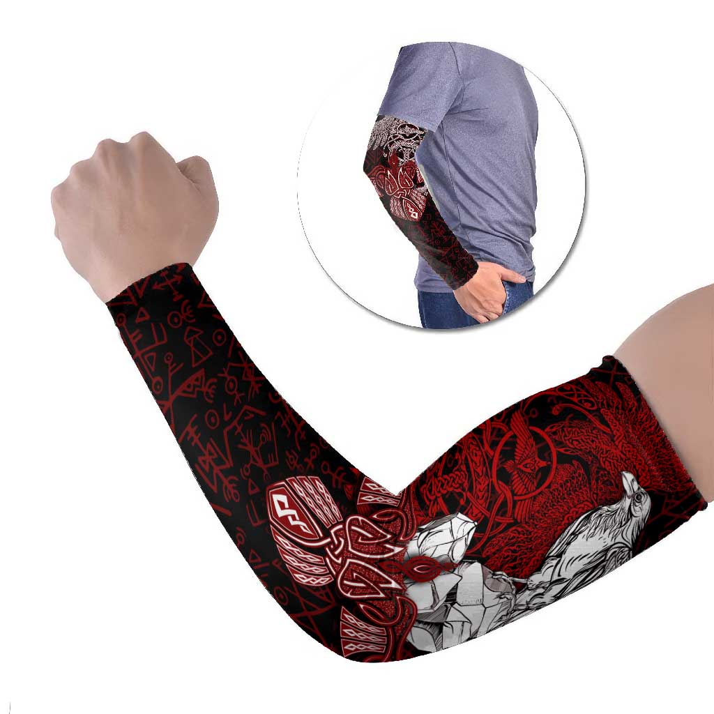 Raven and Serpent Norse Mythology Arm Sleeves Red and White Viking Line Art